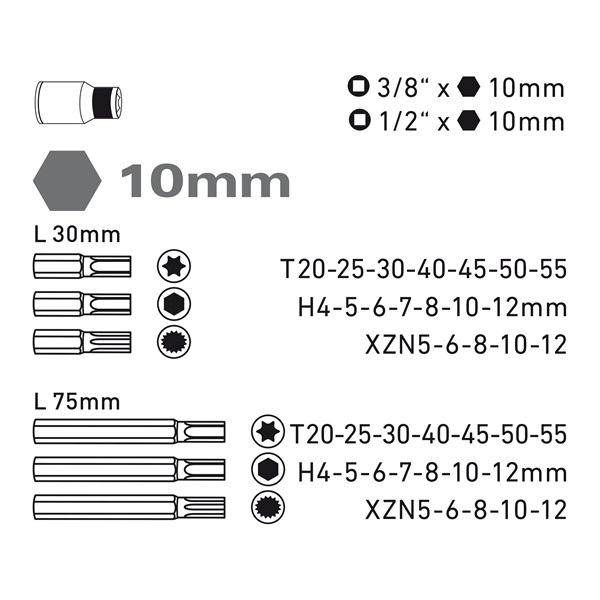 BIT klt. 40 db HEX-TORX-XZN, 10mm, adapter 3/8" és 1/2", CrV, műanyag dobozban