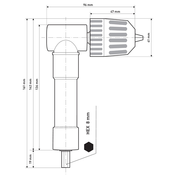 gyorstokmány, L-alakú, befogás: 0,8-10mm, csatlakozás 3/8", 24UNF (sarokfúró adapter)