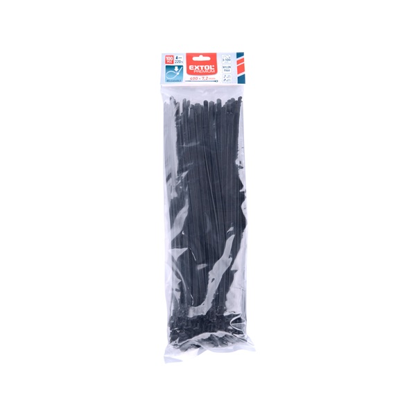 kábelkötegelő 7,2×400 mm 100db, többször használható (oldható) fekete nylon; UV-, sav- és lúgálló