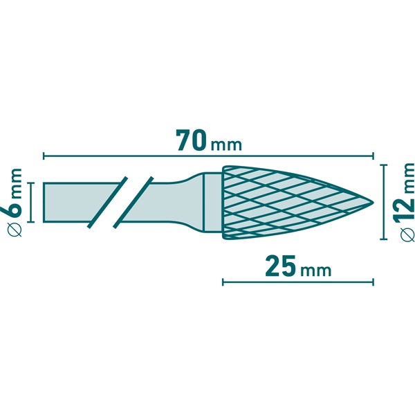 keményfém turbómaró (rotormaró), íves, hegyes orrú, átmérő 12×25mm/szár 6mm, keresztfogazás