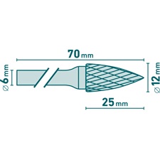 keményfém turbómaró (rotormaró), íves, hegyes orrú, átmérő 12×25mm/szár 6mm, keresztfogazás