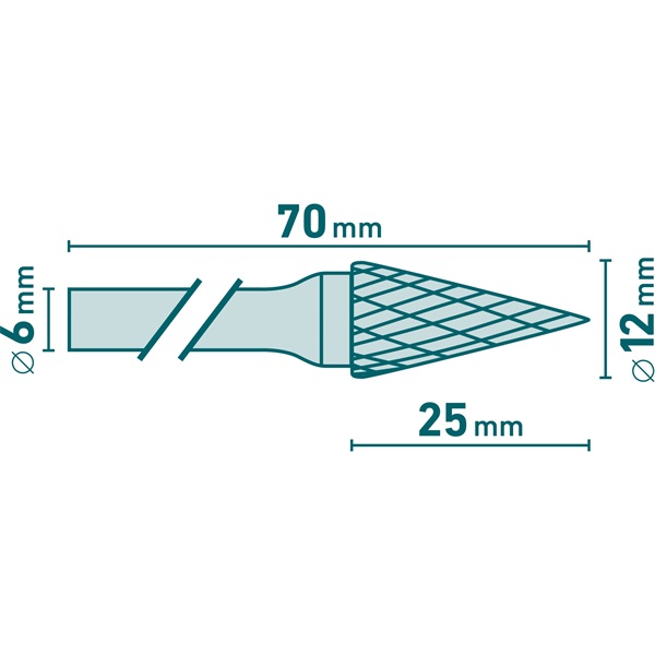 keményfém turbómaró (rotormaró), kúpos, hegyes orrú, 12×25mm átmérő/ 6mm szár, keresztfogazás