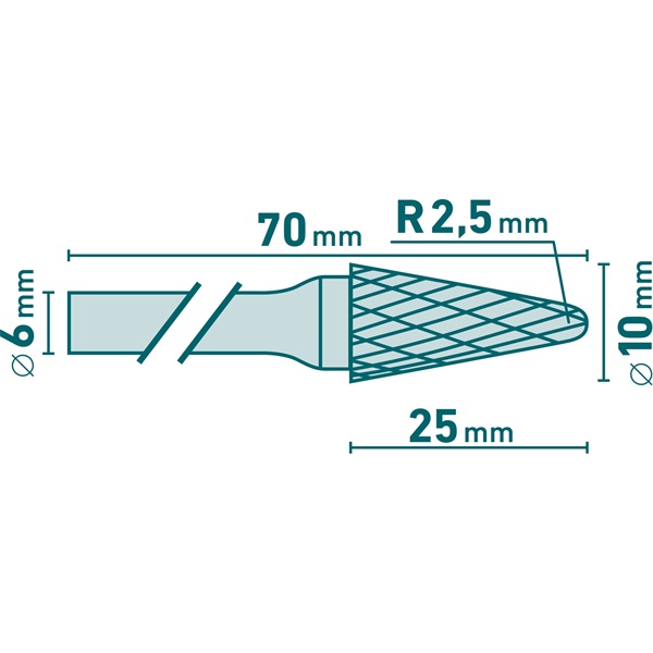 keményfém turbómaró (rotormaró), kúpos, kerek orrú, átmérő 10×25mm/szár 6mm, keresztfogazás