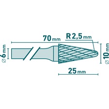 keményfém turbómaró (rotormaró), kúpos, kerek orrú, átmérő 10×25mm/szár 6mm, keresztfogazás