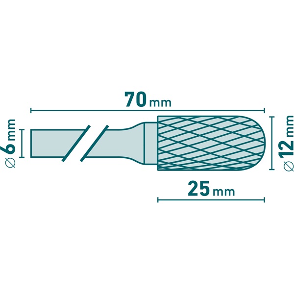 keményfém turbómaró (rotormaró), hengeres, kerek orrú, átmérő 12×25mm/szár 6mm, keresztfogazás