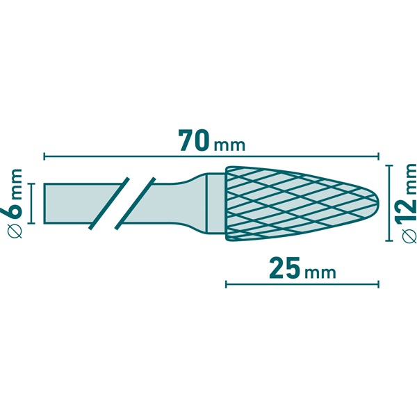 keményfém turbómaró (rotormaró), íves, kerek orrú, átmérő 12×25mm/szár 6mm, keresztfogazás