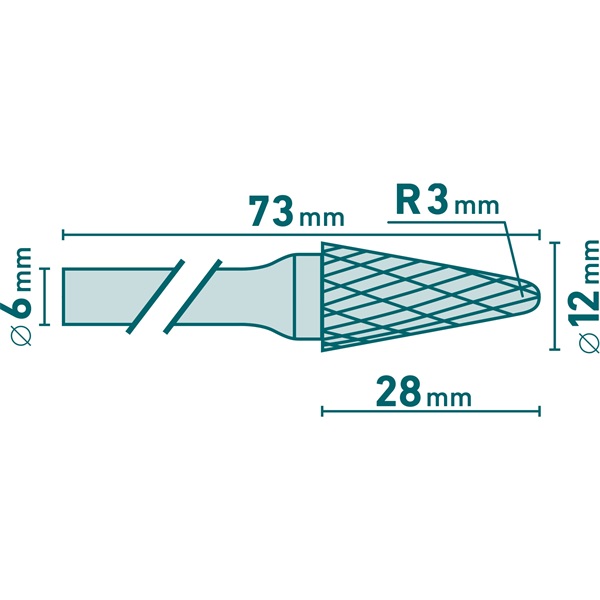 keményfém turbómaró (rotormaró), kúpos, kerek orrú, átmérő 12×28mm/szár 6mm, keresztfogazás