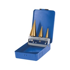 lépcsős fémfúró klt. 3db; (4-12mm/1mm lépcsők,4-20mm/2mm,4-32mm/2mm) befogás:10mm, max.4mm vastag anyagokhoz,TiN bevonat