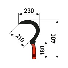 sarló, teljes/penge hossz: 400/230mm, kovácsolt acél penge, PP+TPR nyél, műanyag tartó