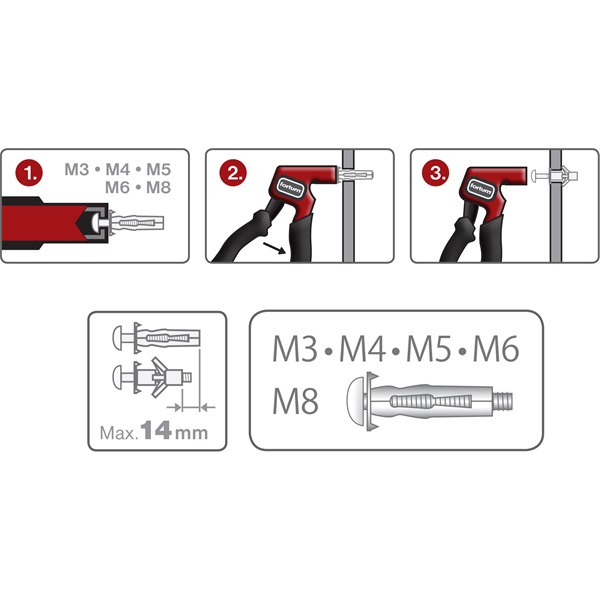 szerelőfogó üreges fémhorgonyhoz/fém gipszkartondübelhez, egykezes; M3,M4,M5,M6,M8,  175mm, FORTUM