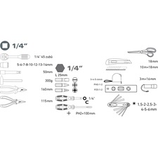 szerszámkészlet, 47db, 1/4"; Extol Lady, rózsaszín, 8 dugófej (5-14mm), fogó, csavarhúzók, kalapács, BIT-ek, vízmérték