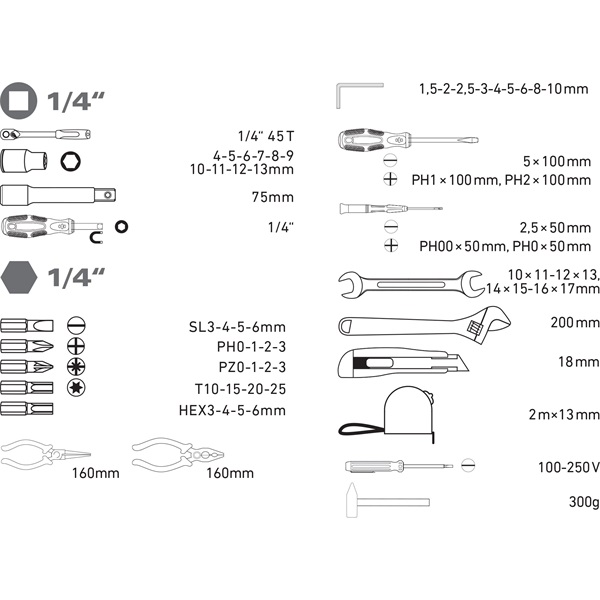 szerszámkészlet, 59db, 1/4" CV.; 10 dugófej(4-13mm), racsnis kar+fogók,csavarhúzók, imbuszkulcs,BIT-ek