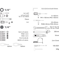 szerszámkészlet, 59db, 1/4" CV.; 10 dugófej(4-13mm), racsnis kar+fogók,csavarhúzók, imbuszkulcs,BIT-ek